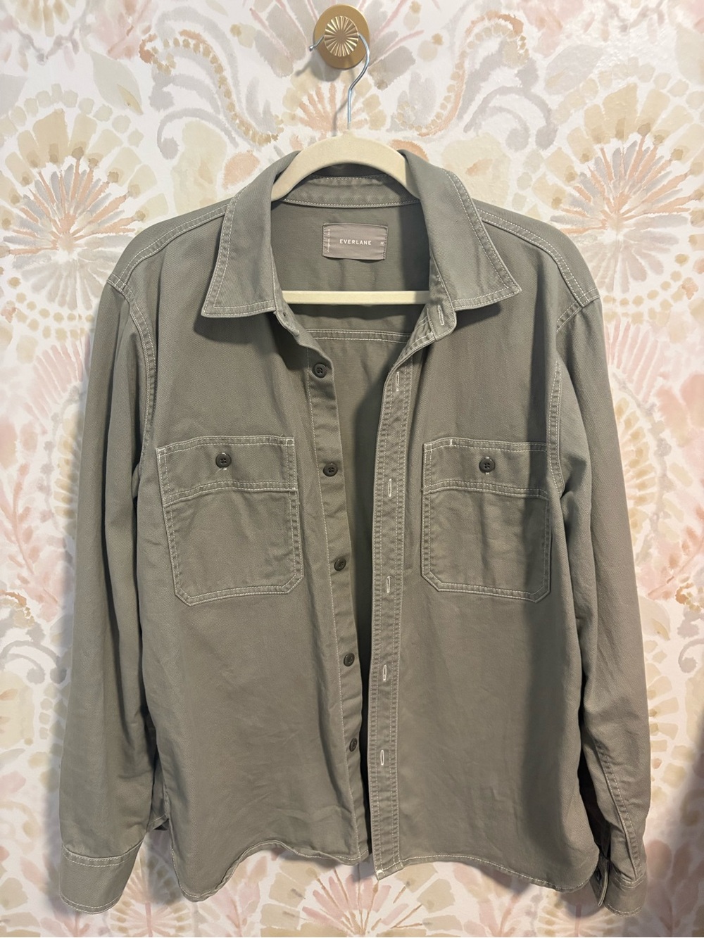 Everlane Mens Heavyweight Cotton Twill Overshirt Sage Green Olive Medium